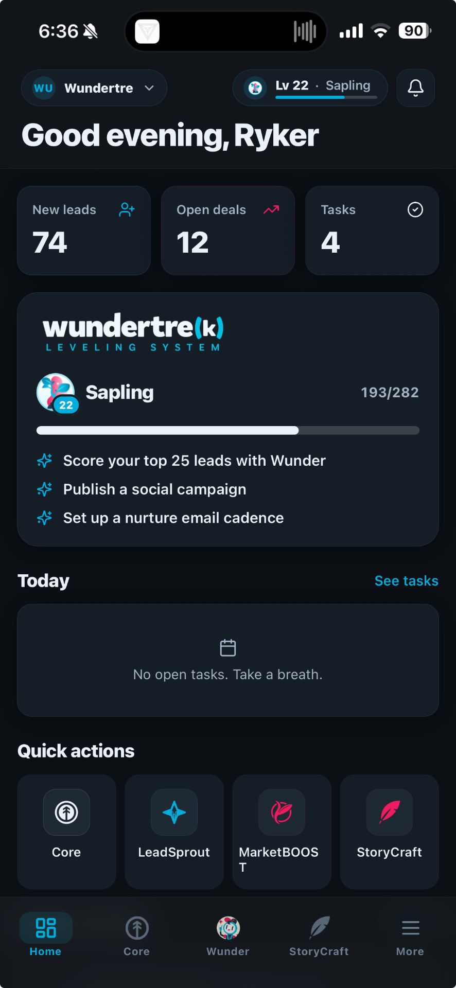 WundertreOS mobile app home screen showing new leads, open deals, WunderTREK level progress and quick actions