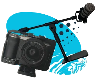 Graphic of video production camera and podcast equipment